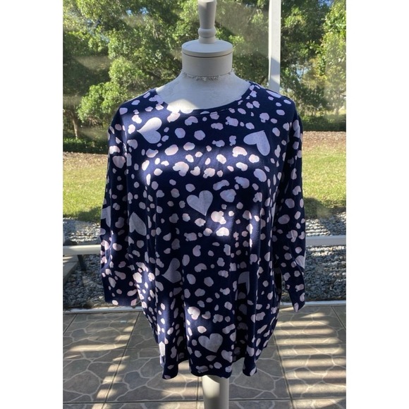 Kim Rogers Perfectly Soft Heart Print Knit Top Shirt Women's 1X Navy Pink - Picture 1 of 7
